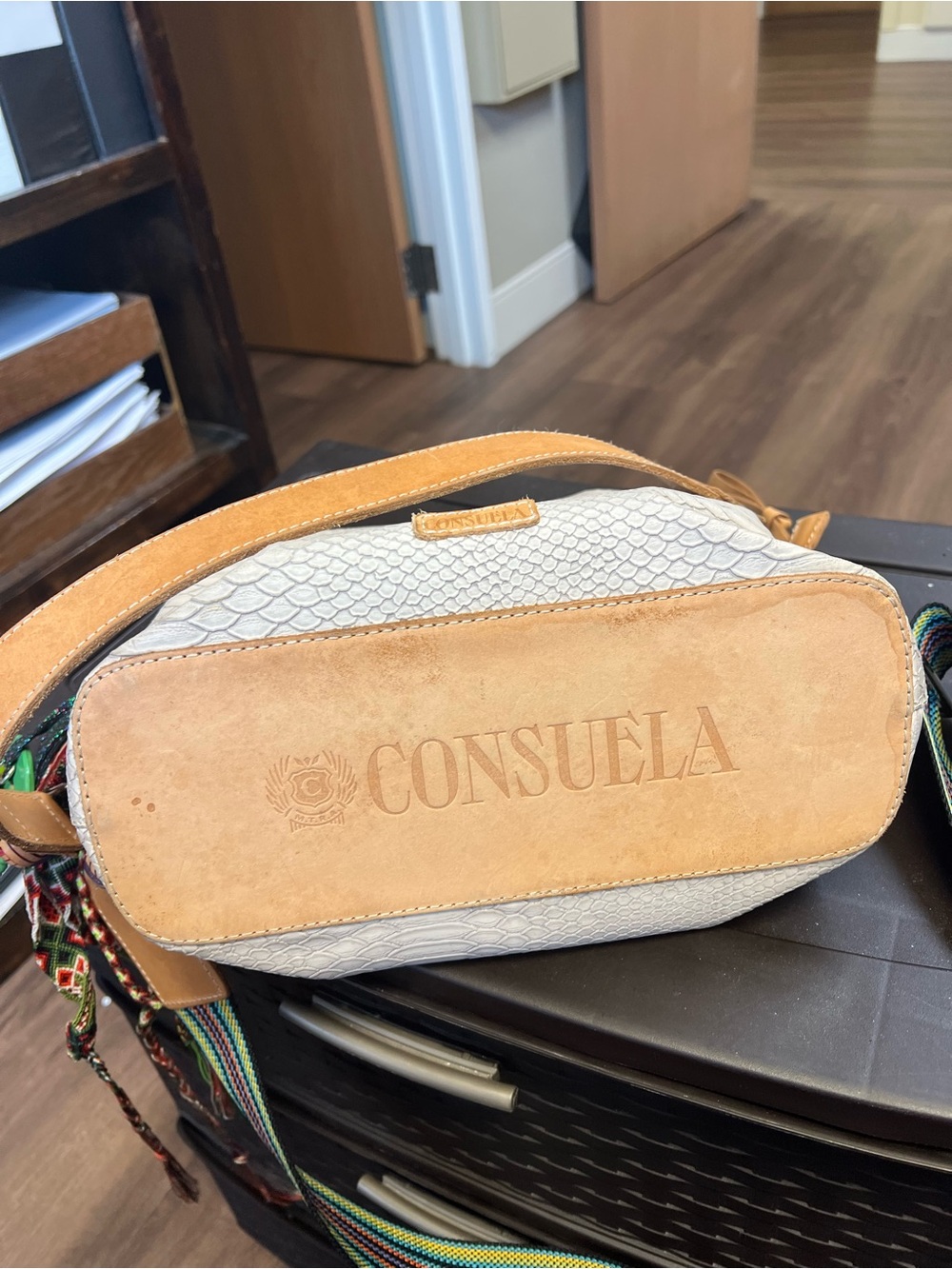 Consuela Cream & Tan Leather Crossbody with Embossed Logo
